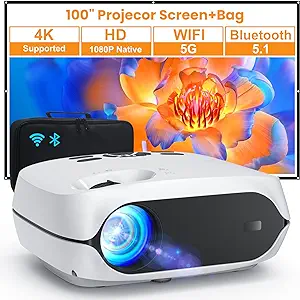 HAPPRUN Projector, 5G WiFi Bluetooth Projector, Native 1080P Portable Projector with Screen and Bag, 12000L 4K Support 300″ Outdoor Movie Projector Compatible with Smartphone/HDMI/USB/Av/TV Stick/PS5